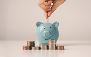 Piggy bank with coin stacks