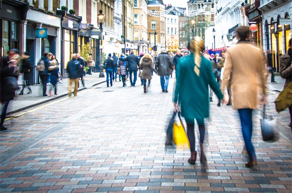 People walking through a high street