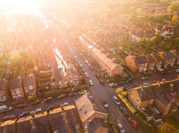 birds eye view of houses on a street