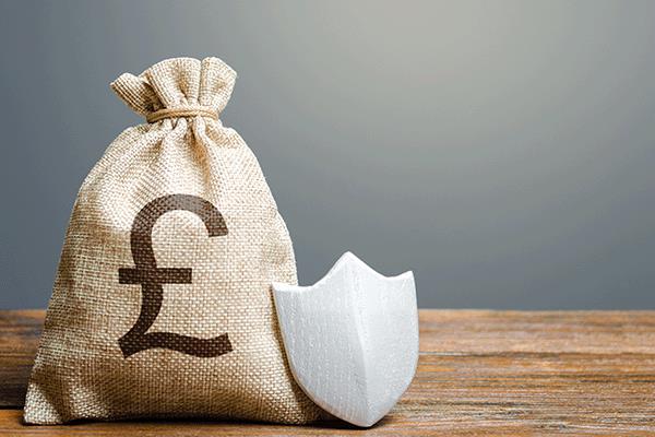 Bag of pound coins and next to a shield