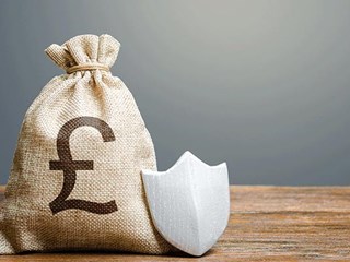 Bag of pound coins and next to a shield