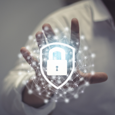 a padlock graphic floating in front of someones hand