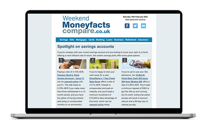 Weekend Moneyfacts Email shown on a laptop