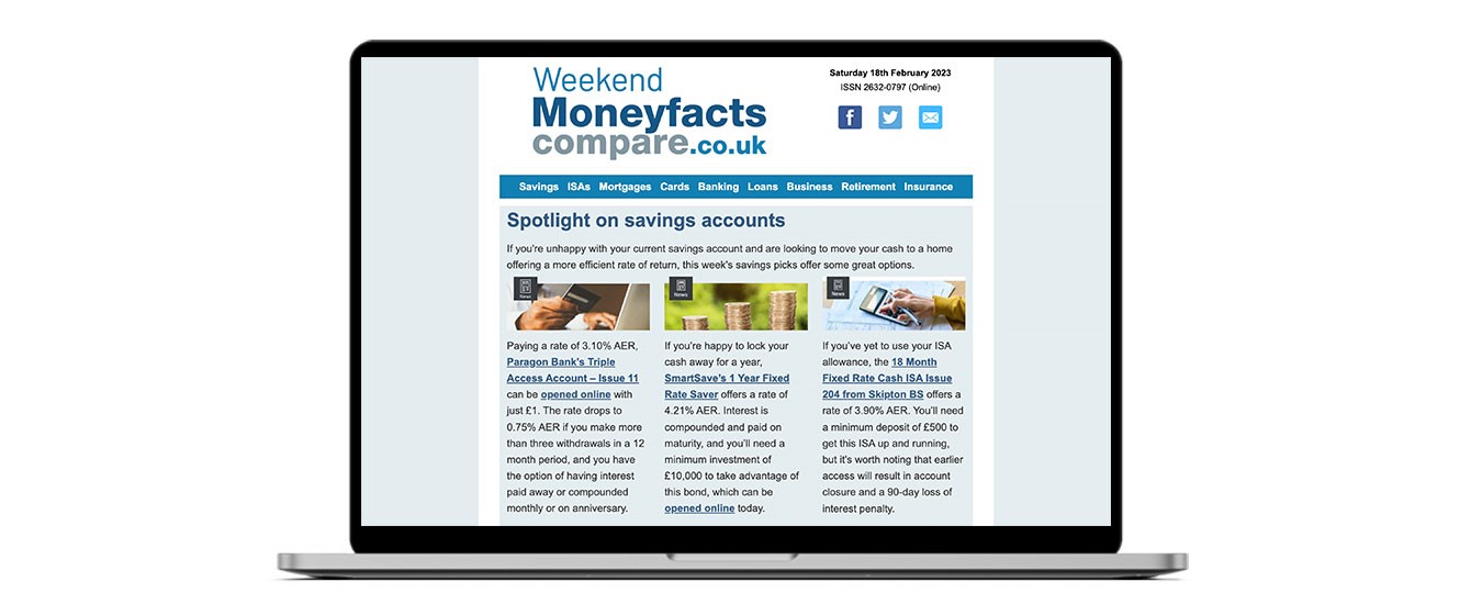 Weekend Moneyfacts Newsletter displayed on a laptop screen