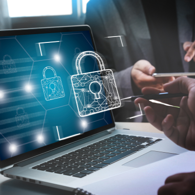 a virtual padlock being shown in front of a laptop screen