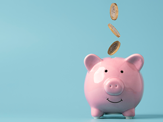 Coins falling into a piggy bank