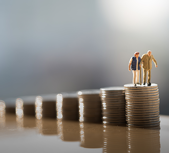 Old couple stood on coins