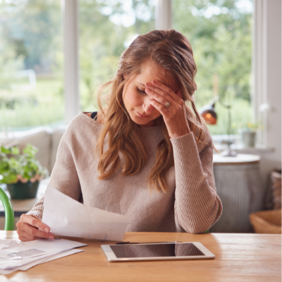 woman holding her head whilst looking at paperwork