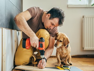 a man doing some DIY with a dog next to him