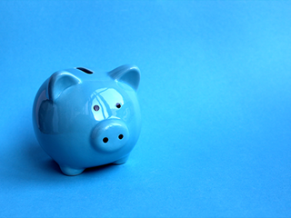 Blue piggy bank against a blue background